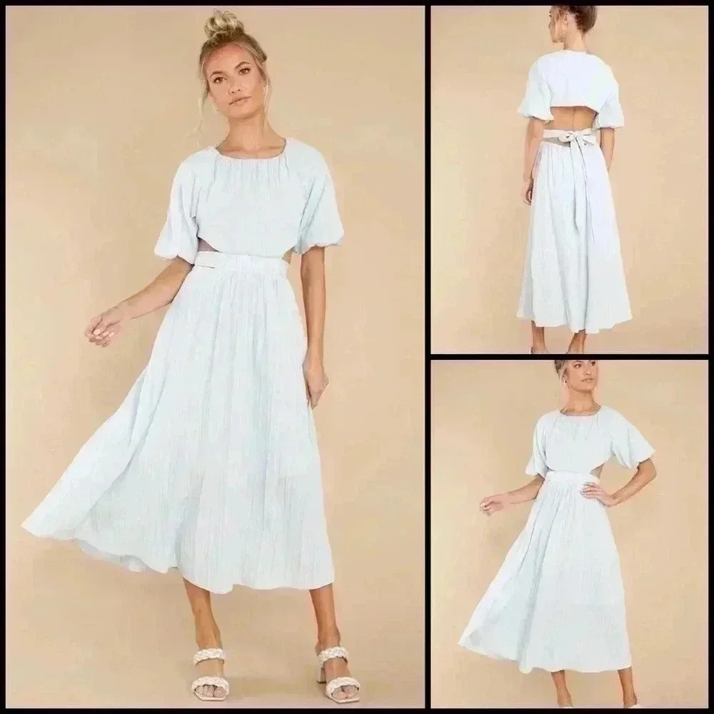 HYFVE Bridgerton Tenley Cutout Raglan Puff Sleeve Baby Blue Midi Dress Size S